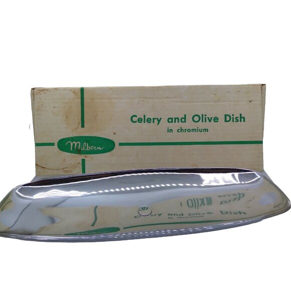 Vtg. MCM Danish style Milbern Celery Olive Dish Chromium Wood Base 14"x5" W/ Box - Picture 1 of 12
